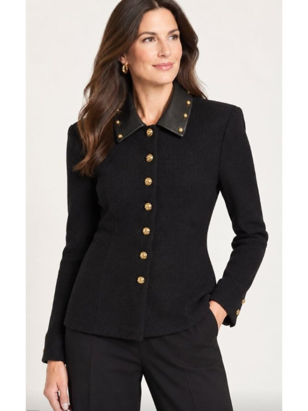 St. John Collection Leather Collar Jacket Gold Studs Button Front Santana Knit-s